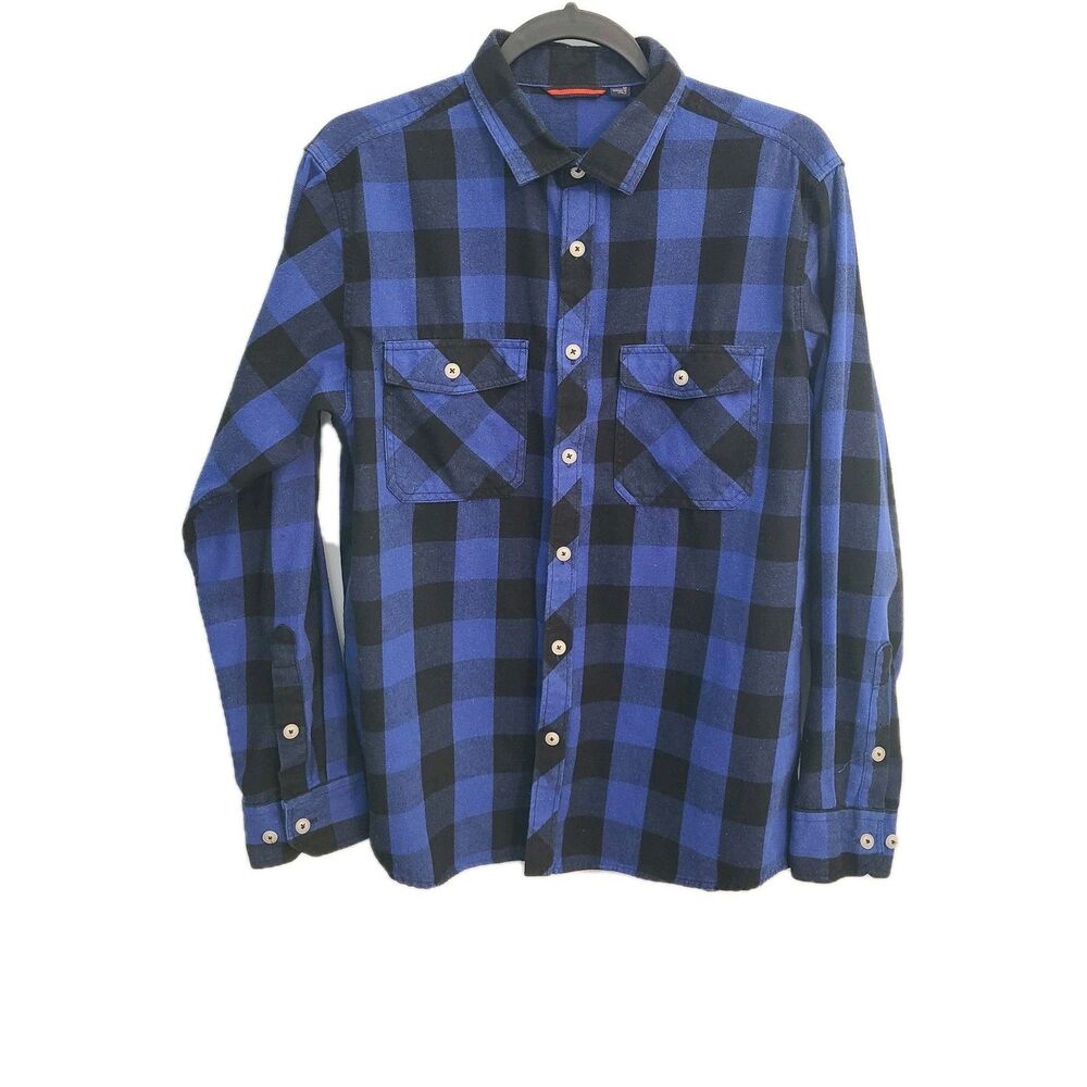 Design in Italy Mens M Flannel Shirt Blue Black Plaid Buffalo Check Grunge Y2K